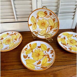 4pc Set Vintage Redware Pottery Handpainted Plates vibrant Orange & Yellow Italy